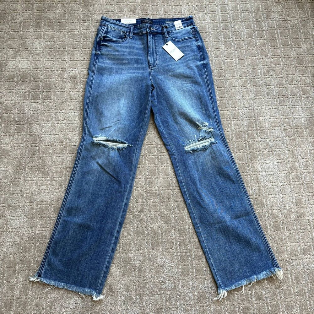 Judy Blue Straight High Rise Jeans Women Sz 11 / 30  Raw Hem Destructed JB82498